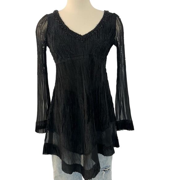 Komarov Beaded Neck Long-Sleeve Tunic Top Crinkled Sheer Fabric Black | Small - Picture 1 of 12